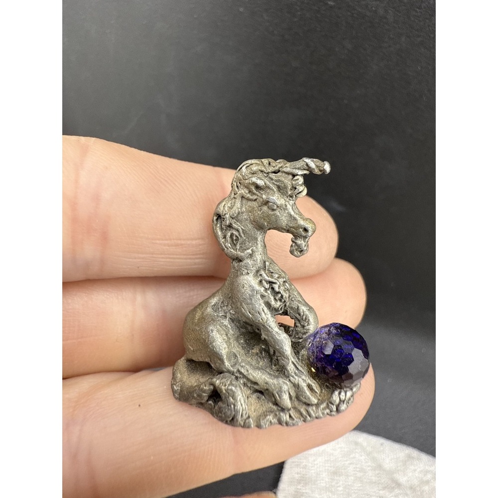Vintage Unicorn Figurine Silver Pewter Crystal Ball Signed 1986 Small